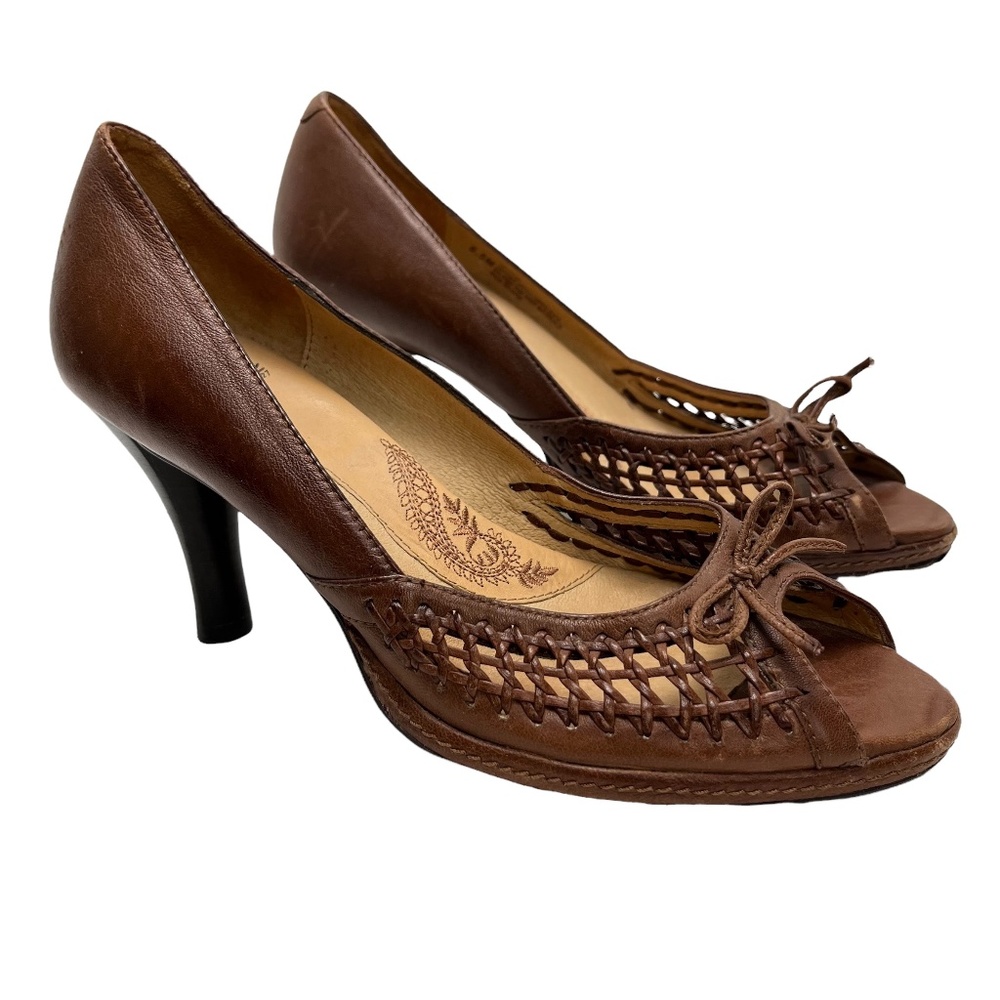 SOFFT Brown Genuine Leather Pumps Peep Toe Woven High Heels Shoes Sandals sz 6.5